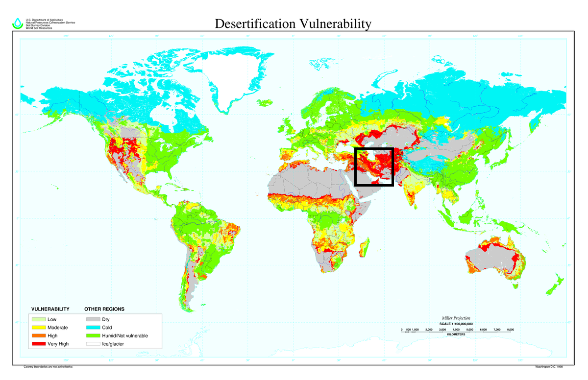 Desertification map, Iran as one of the worst effected regions in the world, with a ‘Very High’ vulnerability.