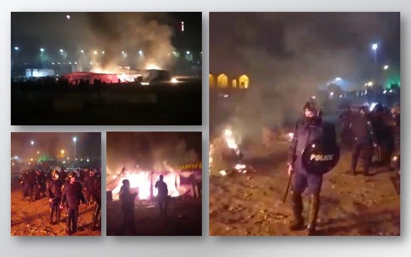 Anti-riot police units stormed the gathering site of protesting farmers and locals on the dried river bed of Zayandehrud River, setting their tents on fire.
