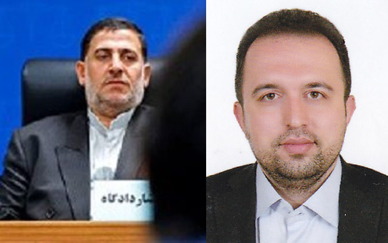 From left, "judge Amuzadeh" and Tehran prosecutor's representative Behruz Hassani-Etemad sentenced the late Mohsen Shekari to death for blocking a street in Tehran. Authorities hanged Mohsen Shekari, 23, on December 8, 2022.
