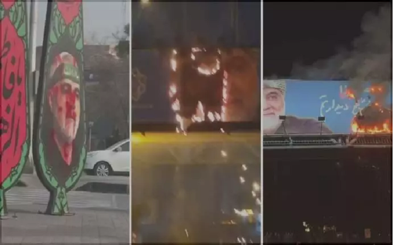 Iranian protesters set fire to billboards of former IRGC Quds Force chief Qassem Soleimani.